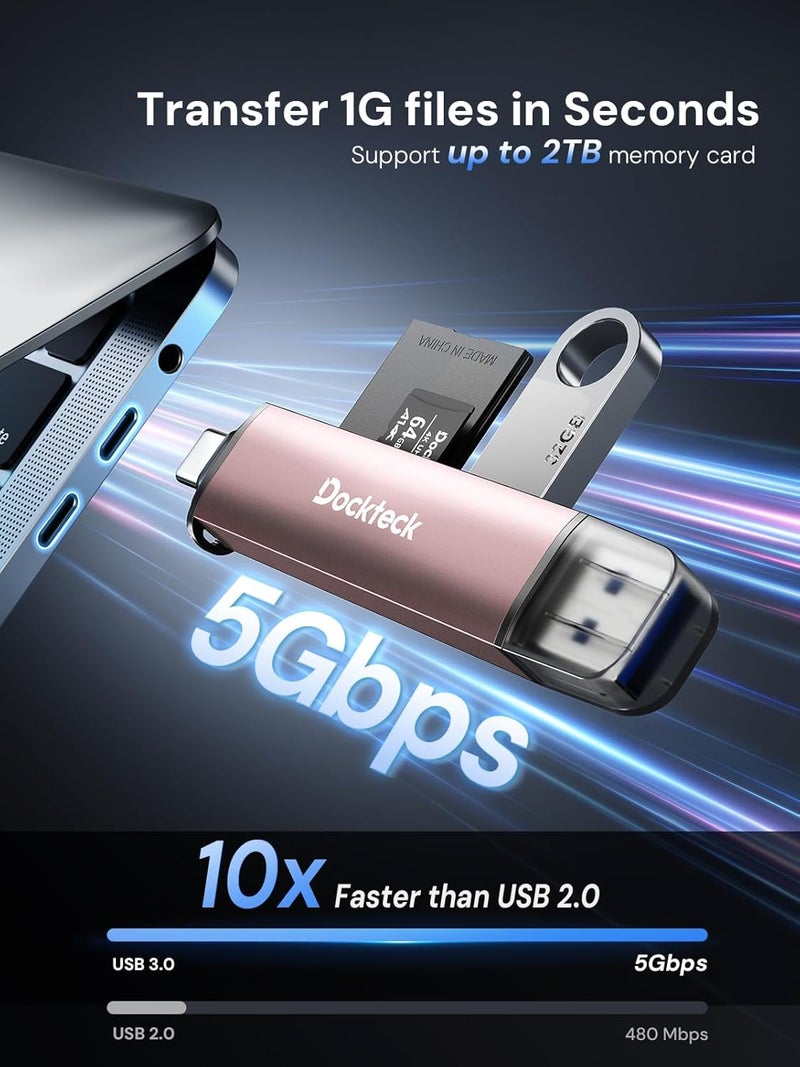Dockteck SD Card Reader, 5G Super Speed USB3.0 SD/TF Card Reader, 3-Slot USB A/C to SD/Micro SD/USB A Memory Card Reader for UHS-I SD/Micro SD/SDHC/SDXC/MMC, Support OTG for Plug&Play,Pink - Image 2